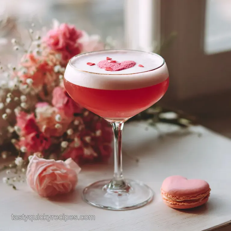 Elegant pink cocktail in a stemmed glass, garnished with fresh raspberries and a delicate edible flower. Light catches the...
