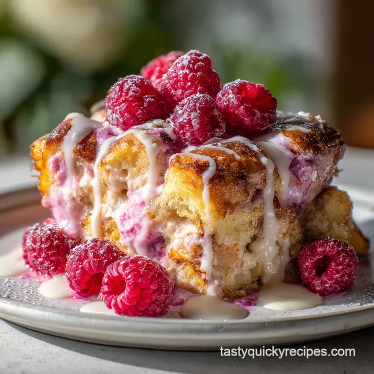 Buttery croissant bake slice plated with whipped cream and fresh raspberries. A sweet, elegant Valentine's Day brunch.