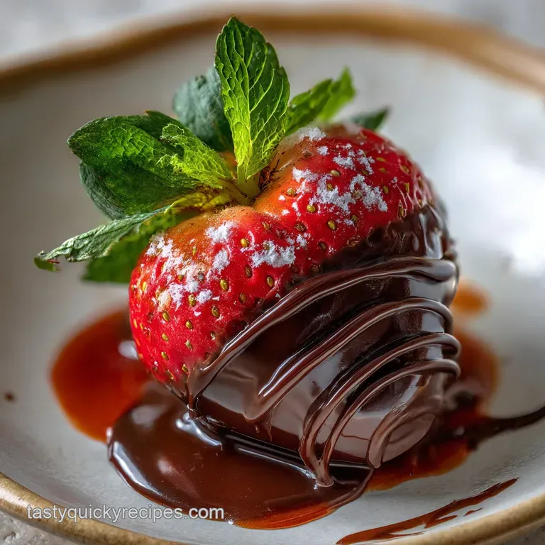 A trio of elegant, dark chocolate-dipped strawberries. Each berry has a rich, glossy coating contrasting with the bright r...