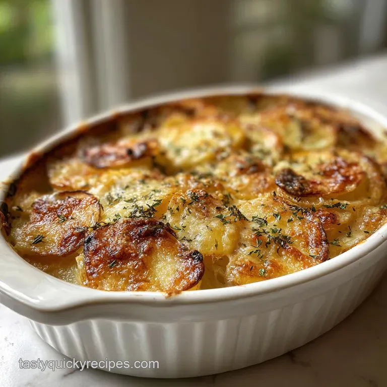 A single serving of layered potatoes au gratin, browned and bubbly, elegantly plated with a sprig of fresh thyme.