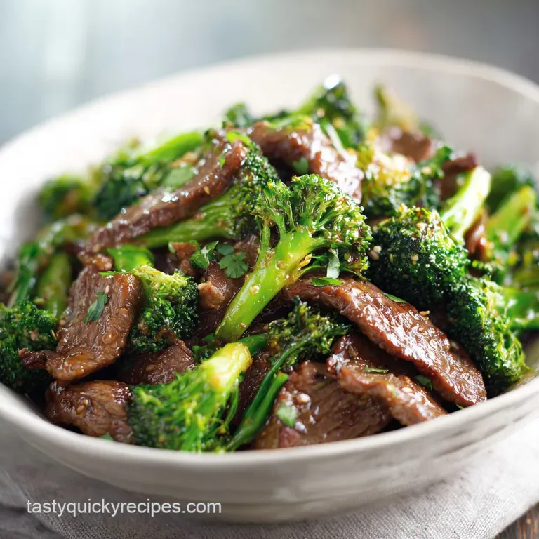 Steaming beef and broccoli elegantly plated, showcasing the rich, dark sauce glistening over the tender beef and bright gr...