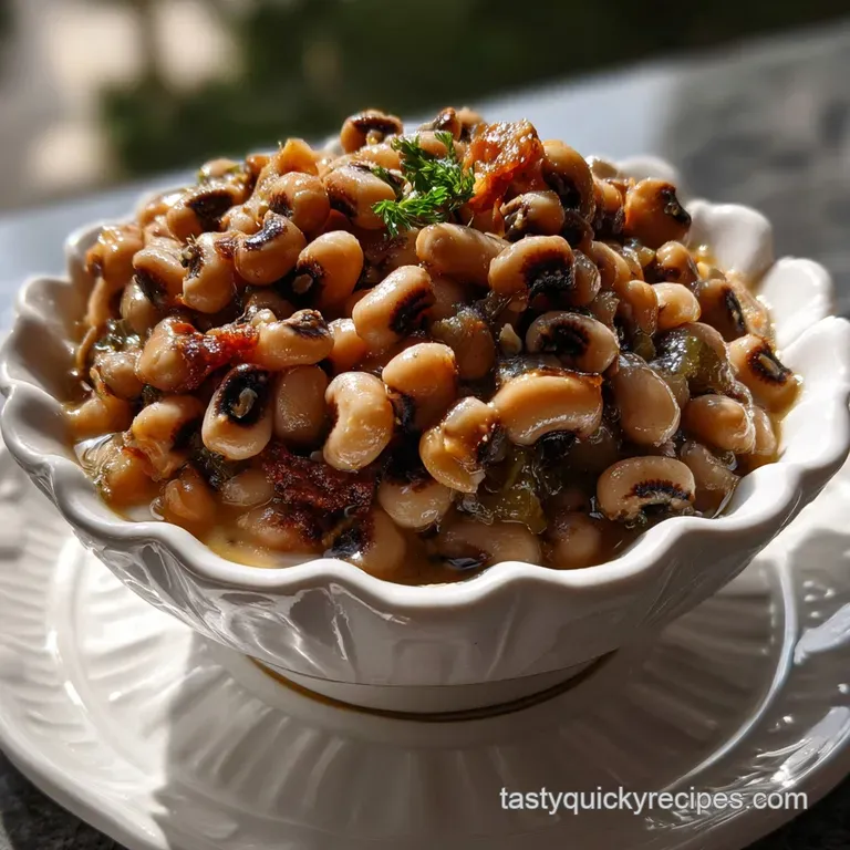 Elegant, creamy black-eyed peas artfully arranged on a white plate. Hints of warm spice and a delicate, velvety texture ar...