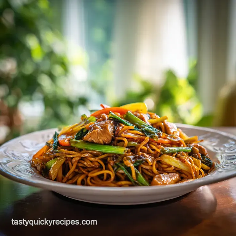 Pile of golden lo mein noodles with tender chicken and vibrant veggies arranged artfully on a white plate.