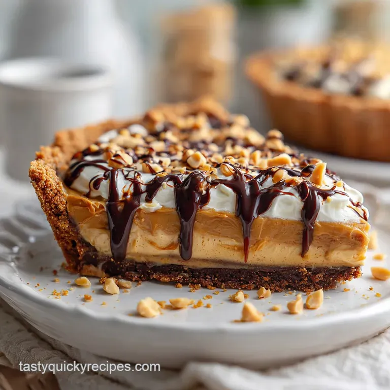 Wedges of peanut butter pie with whipped cream swirls and chocolate shavings, displayed on a white plate, hints of peanut ...