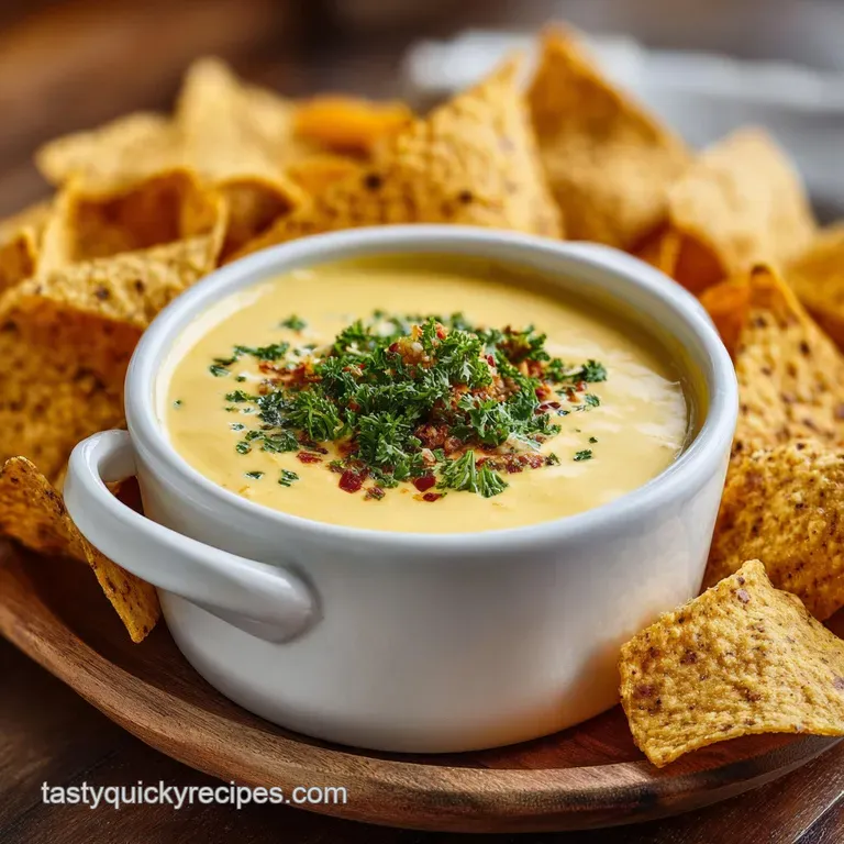Elegant white bowl filled with smooth, melted queso, garnished with fresh cilantro, served with crispy tortilla chips for ...
