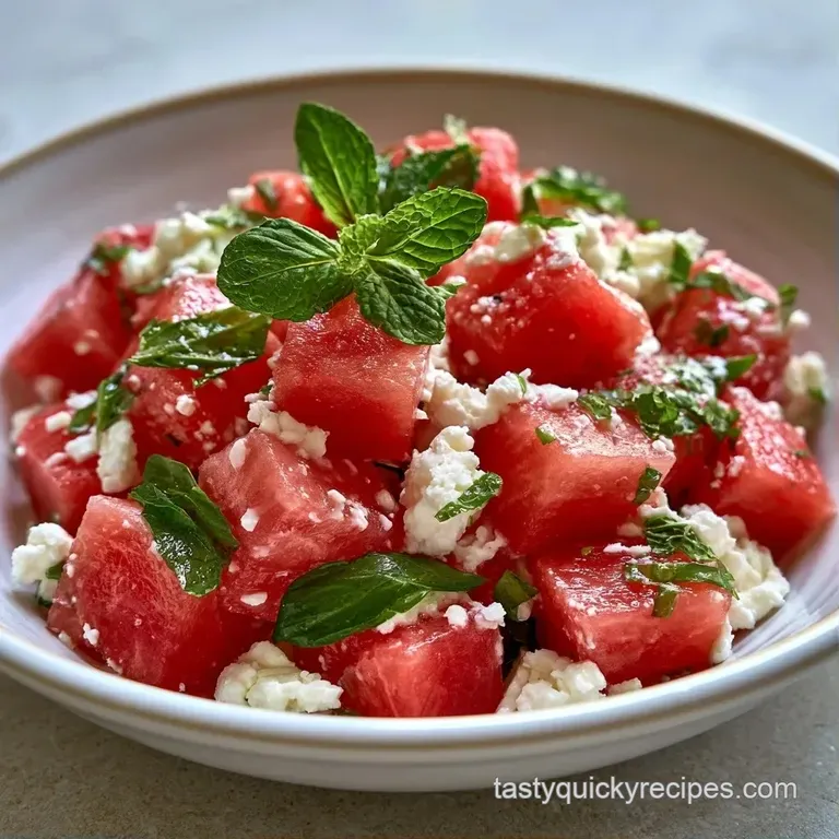 Vibrant red watermelon chunks and white feta crumbles arranged elegantly on a sleek, matte black ceramic platter.