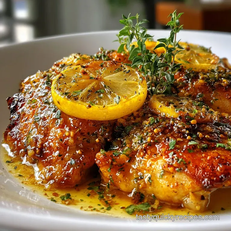 Close-up of plated chicken and potatoes glistening with flavorful sauce, garnished with fresh herbs for brightness.