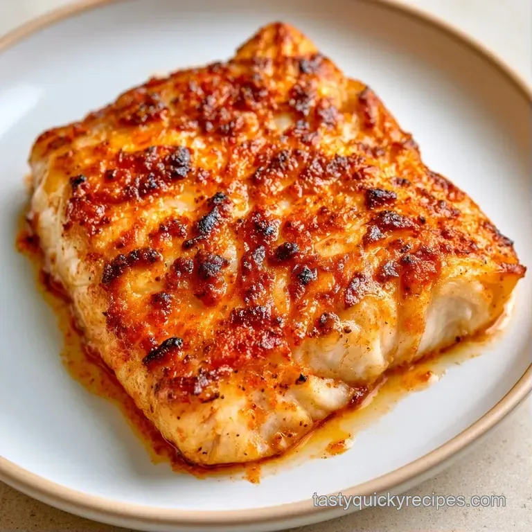 Perfectly seared fish with a golden crust atop a vibrant medley of saut&eacute;ed peppers on a white ceramic plate.