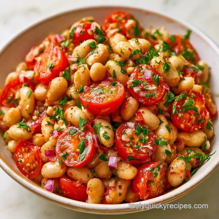 A bright salad of red tomatoes and white beans served in a white ceramic bowl with a sprig of fresh green parsley.
