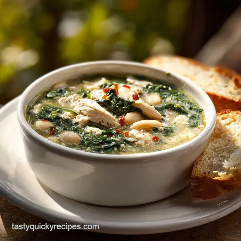 Steaming bowl of light broth with turkey, spinach, and beans. Crusty bread alongside adds warmth.