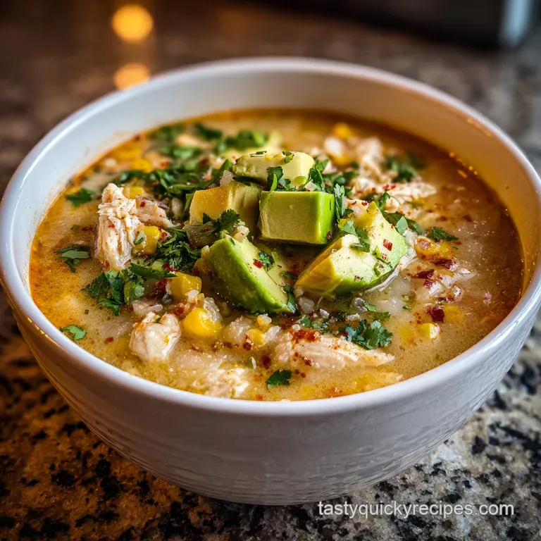 A bowl of steamy white chicken chili topped with vibrant green cilantro and a lime wedge on a rustic wooden table.