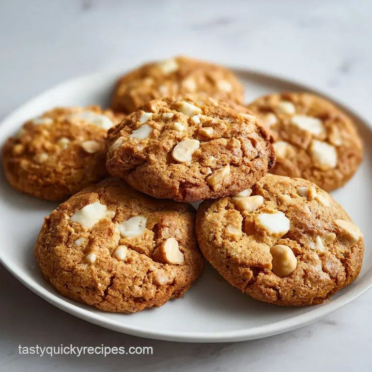 A neat stack of pale gold cookies on a ceramic plate with scattered nuts and a sprig of mint on a white tablecloth
