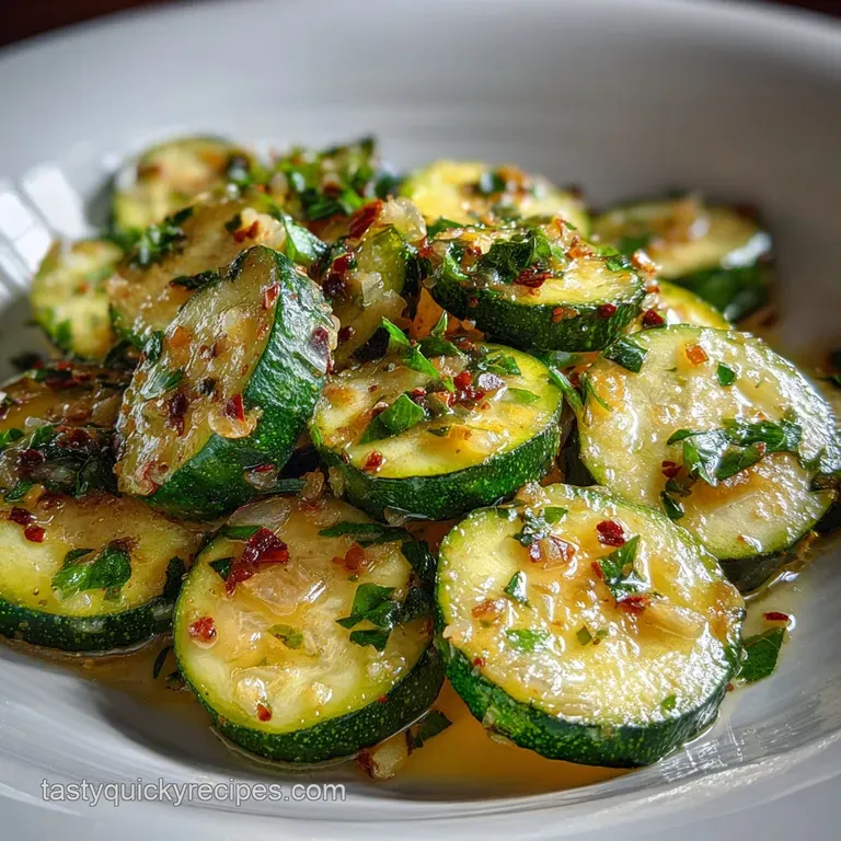 Saut&eacute;ed zucchini ribbons artfully piled on a white plate, flecked with vibrant green herbs and golden garlic chips.